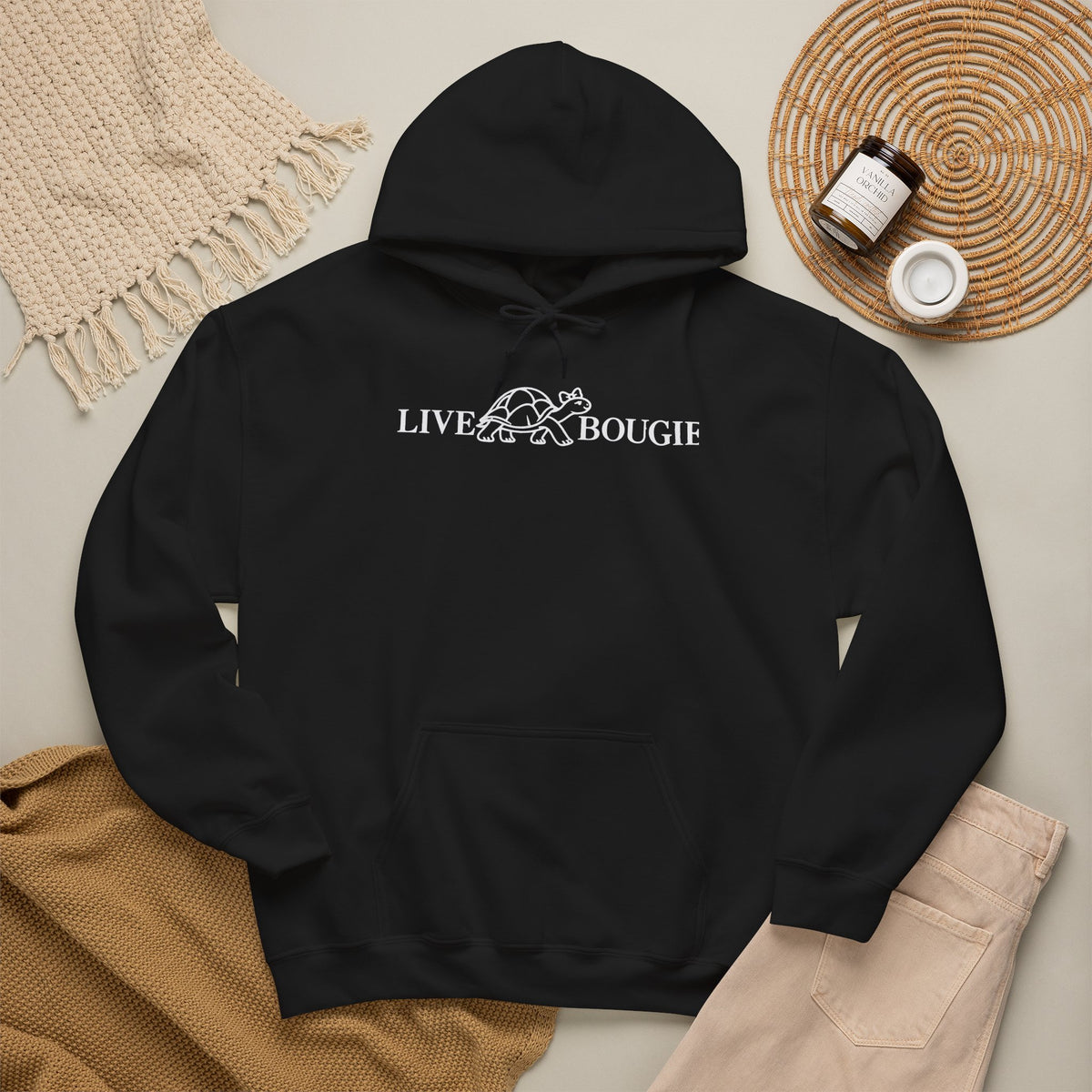 Live Bougie Hoodie — Minimal French Phrase Pullover
