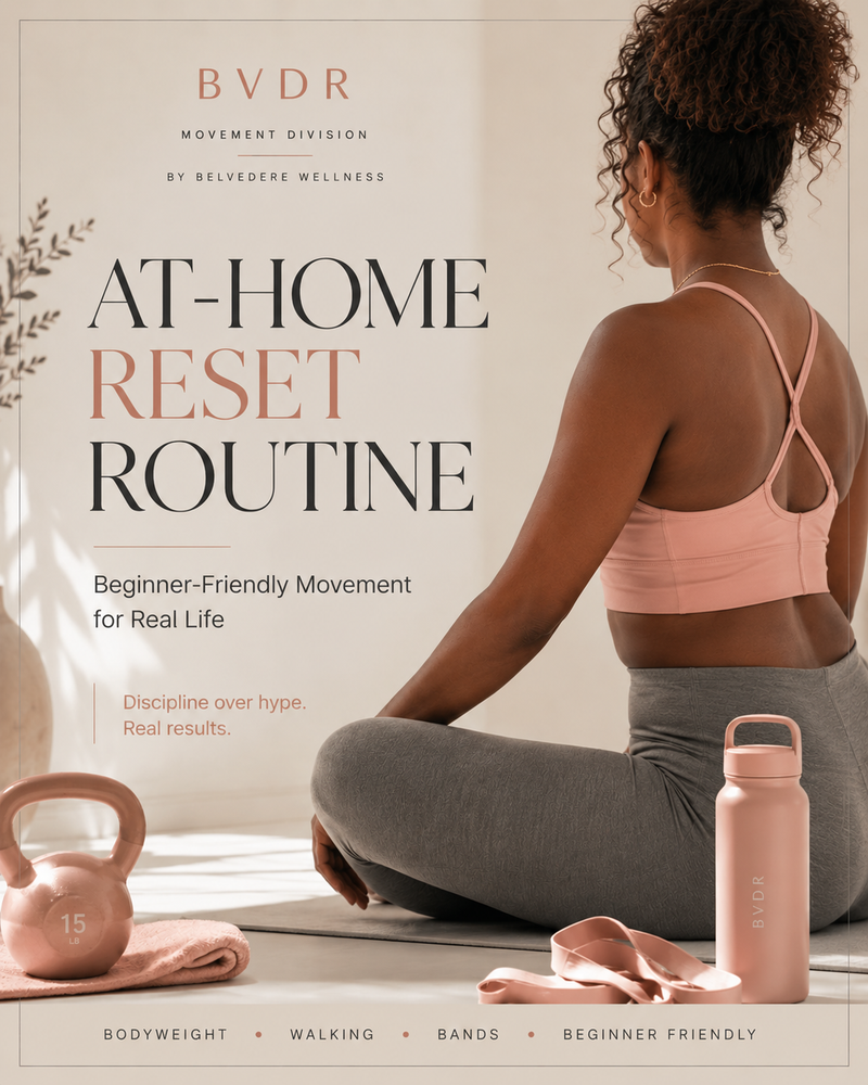 BVDR At-Home Workout & Reset Routine free movement guide cover — bodyweight workouts for women with fifteen minutes and zero equipment.