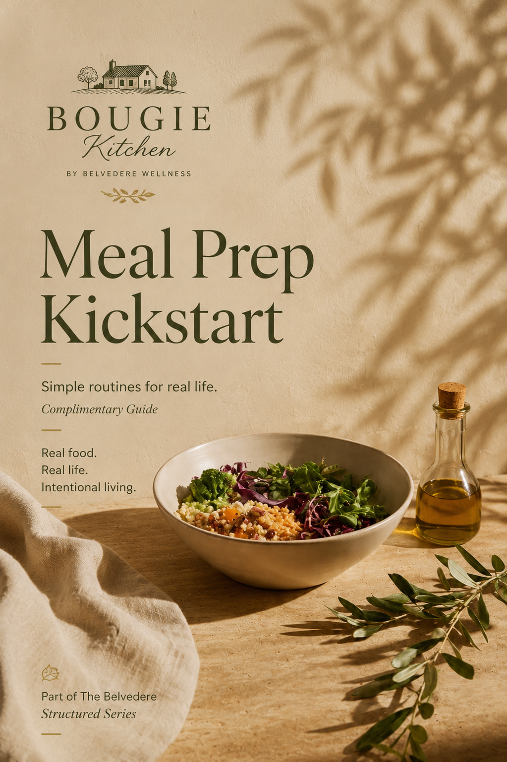 Meal Prep KickStart free mini-guide cover — a Bougie Kitchen starter for busy women who want real meals, not Pinterest pantries.