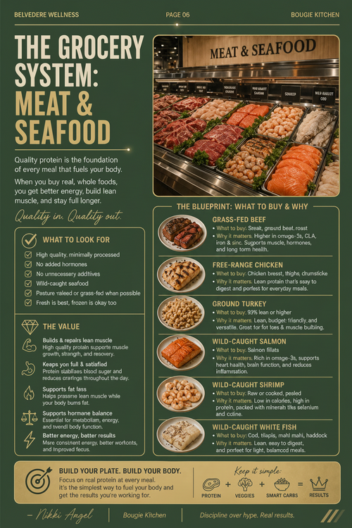 Sample page from the Bougie Kitchen Food Guide showing how to build a protein-first plate.