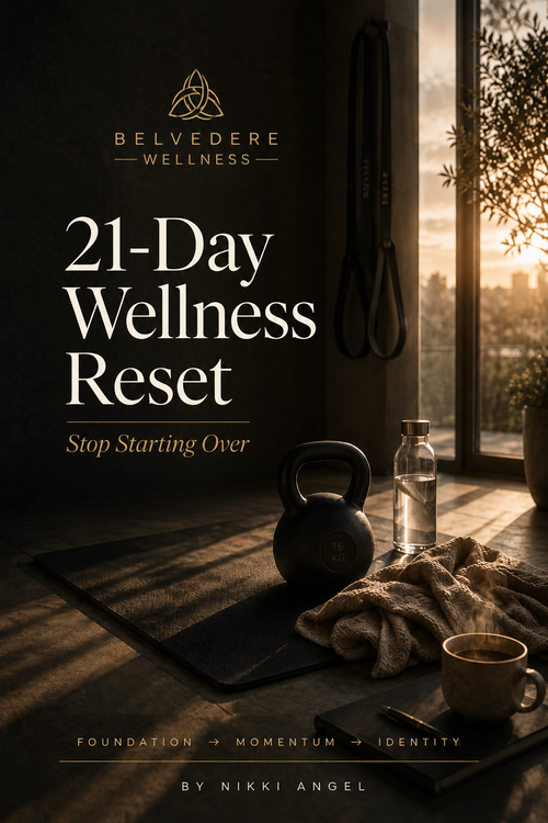 Stop Starting Over ebook cover — a 21-day structured wellness reset for women, by Belvedere Wellness founder Nikki Angel.