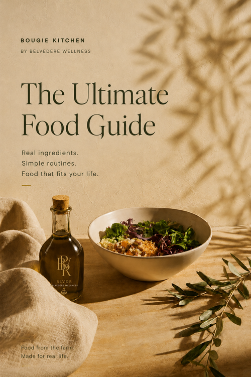 Bougie Kitchen Ultimate Food Guide ebook cover — a simple, GLP-1 friendly nutrition framework for women, by Belvedere Wellness.