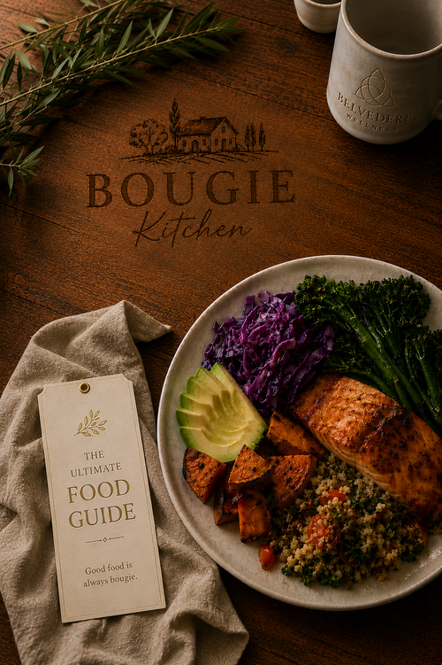 A styled tabletop scene with a plate of cooked salmon, purple cabbage, broccoli, sweet potato, and quinoa, alongside a printed card reading 'The Ultimate Food Guide' and a wooden sign reading 'BOUGIE Kitchen.' A mug and herbs are also visible in a warm kitchen-like setting.