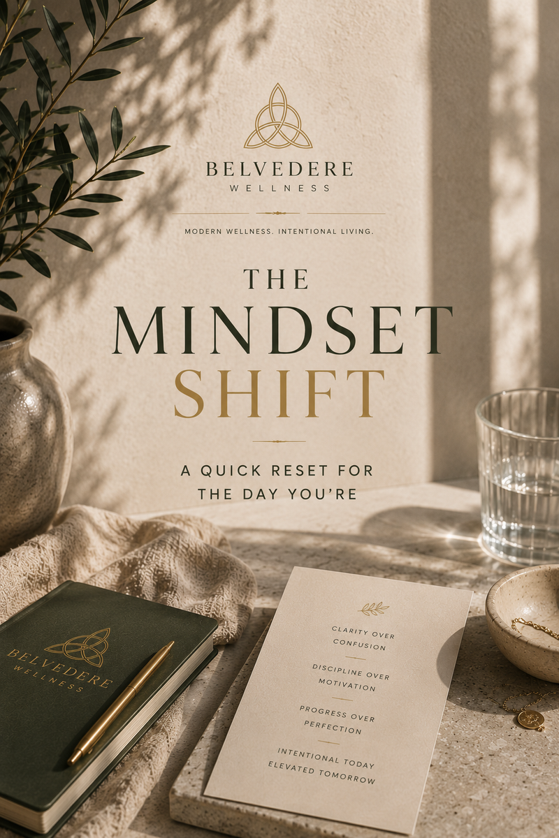 The Mindset Shift ebook cover — a quick mental reset for the day you're about to quit, by Belvedere Wellness.